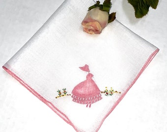 Vintage White Hanky with an Applique Colonial Lady in One  Corner Handkerchief Hankie