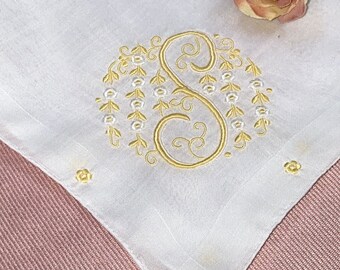 Vintage White Hanky With a Yellow Embroidered Initial S - Handkerchief Hankie