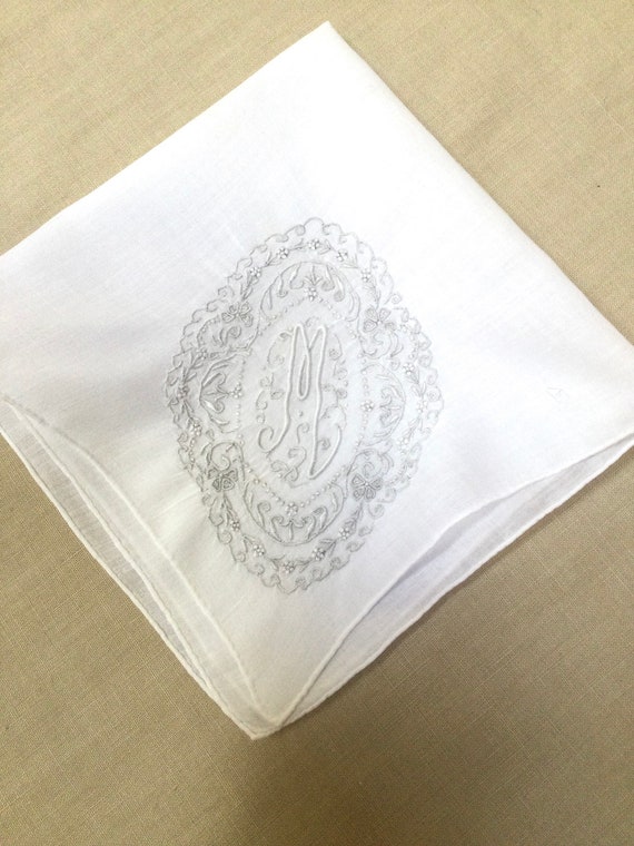 Vintage White Hanky with a White Initial M - Hand… - image 2