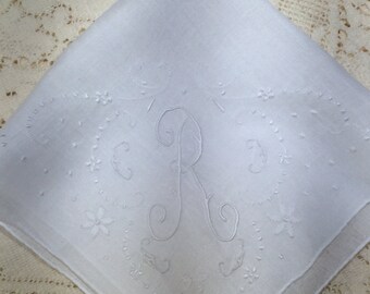 Vintage White Hanky with a White Initial R - Hankie Wedding Gift Bridal Mother of the Bride Bridal Party Bridesmaid Something Old Monogram