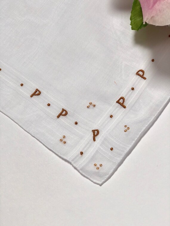 Vintage White Hanky with a Brown Initial P  - Han… - image 3