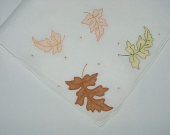 Vintage White Hanky with Autumn Leaves - Hankie Handkerchief