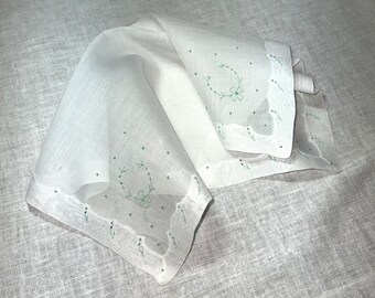 Vintage White Linen Hanky with Green Embroidery - Hankie Handkerchief Wedding Bridal Shower Gift Party