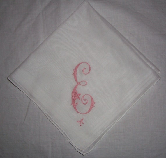 Vintage White Hanky with Pink Initial E Hanky - H… - image 1