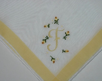 Vintage White Hanky with a Yellow F Embroidered in One Corner -  Hankie Handkerchief