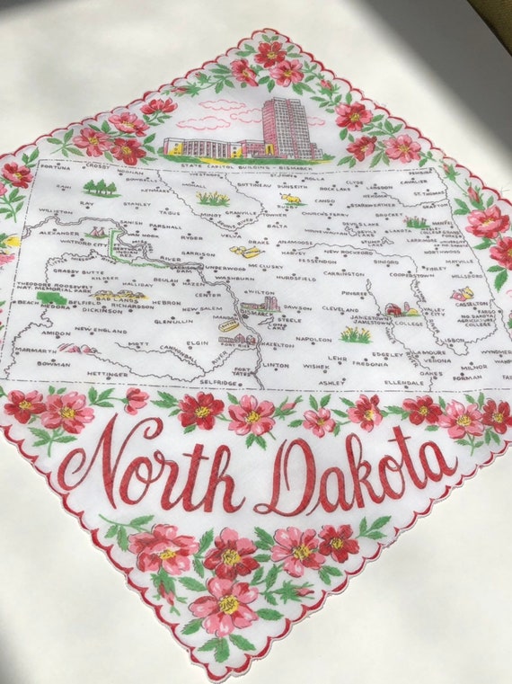 Vintage North Dakota State Hanky - Hankie Handkerc