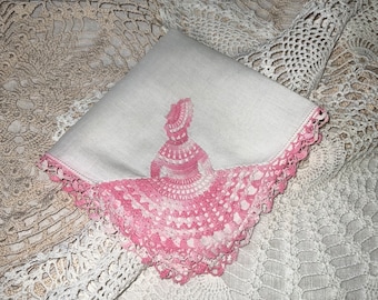 Antique Crinoline Lady Hankie Hanky with Crocheted Dress Wedding Gift Mother of the Bride Bridal Party Bridesmaid Something Old Birthday