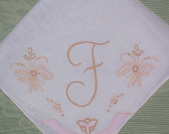 Vintage White Handkerchief with a Tan Initial F - Hanky Hankie