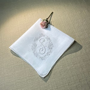 Vintage White Handkerchief with a White Initial S - Handkerchief Hankie