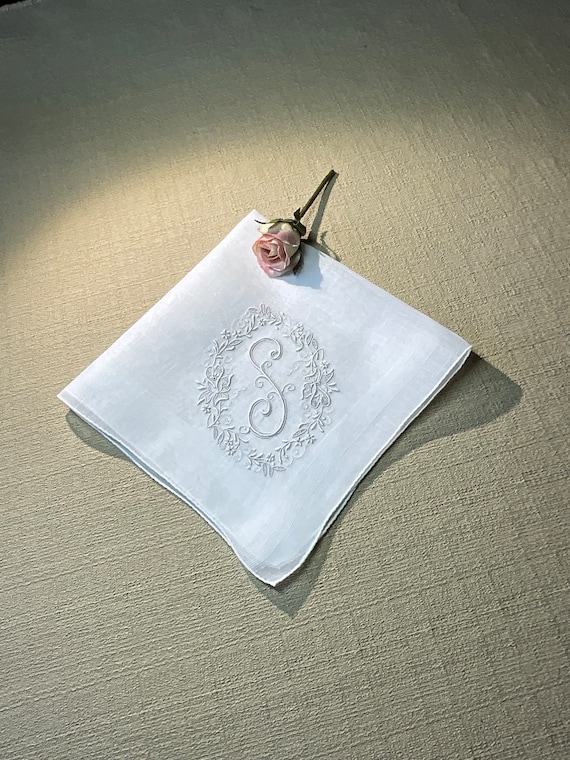 Vintage White Handkerchief with a White Initial S 