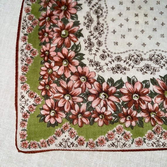 Vintage Handkerchief White Pink and Green with Pi… - image 3