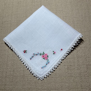Antique White Hanky with Embroidered Flowers and a Hand Crochet Edge Handkerchief Hanky Hankie
