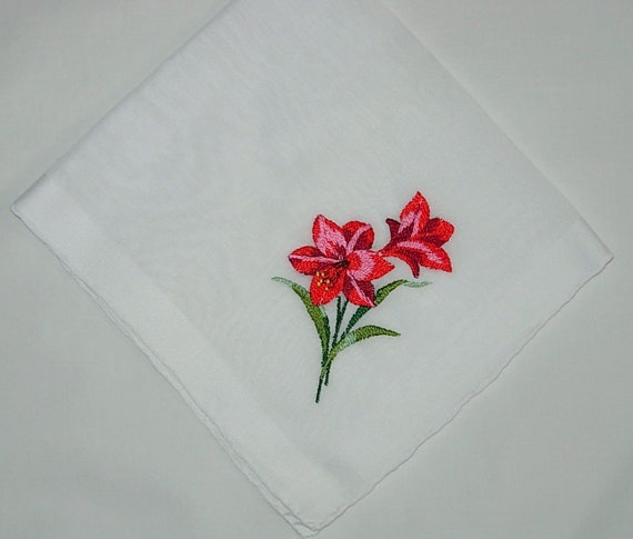 Vintage White Hanky with Embroidered Red Roses - … - image 2