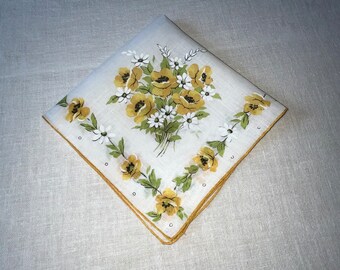 Vintage White Hanky with Yellow Flowers and Hand Rolled Hem Hankie Handkerchief