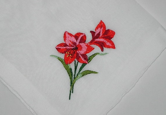 Vintage White Hanky with Embroidered Red Roses - … - image 1