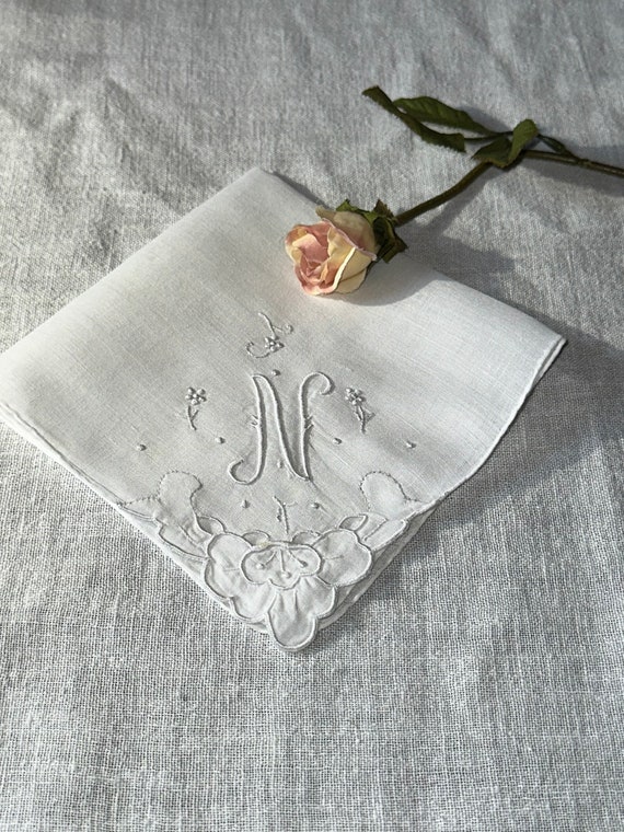 Vintage White Hanky with a White Initial N Hankie… - image 7