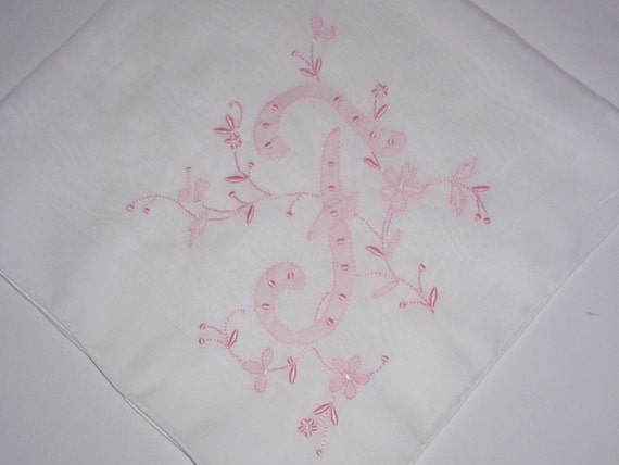 Vintage White Hanky with a Pink  Initial F - Hand… - image 3