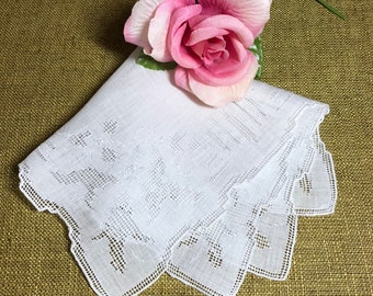 Vintage White Hanky with Hand Embroidered Flowers - Hankie Handkerchief Bridal Party Shower Gift