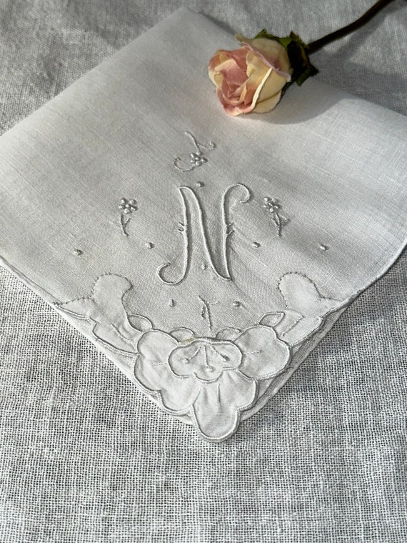 Vintage White Hanky with a White Initial N Hankie… - image 3