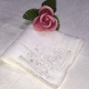 Vintage White Hanky with a White Flowers Handkerchief Hankie