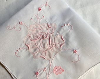 Vintage White Hanky with Pink Flowers - Handkerchief Hankie
