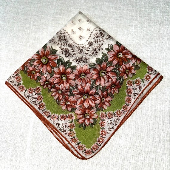 Vintage Handkerchief White Pink and Green with Pi… - image 4
