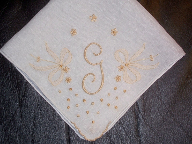 Vintage White Hanky with a Gold Initial G Handkerchief Hankie image 1