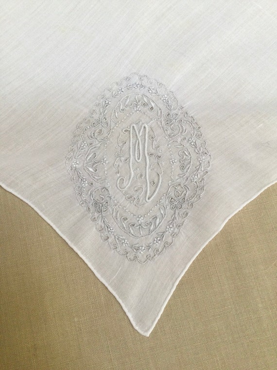 Vintage White Hanky with a White Initial M - Hand… - image 4