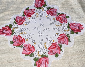 Vintage White Hanky with Pink Flowers - Hankie Handkerchief
