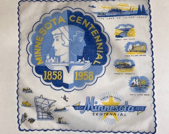 Vintage Minnesota Centennial 1858 1958 Hanky - Handkerchief Hankie