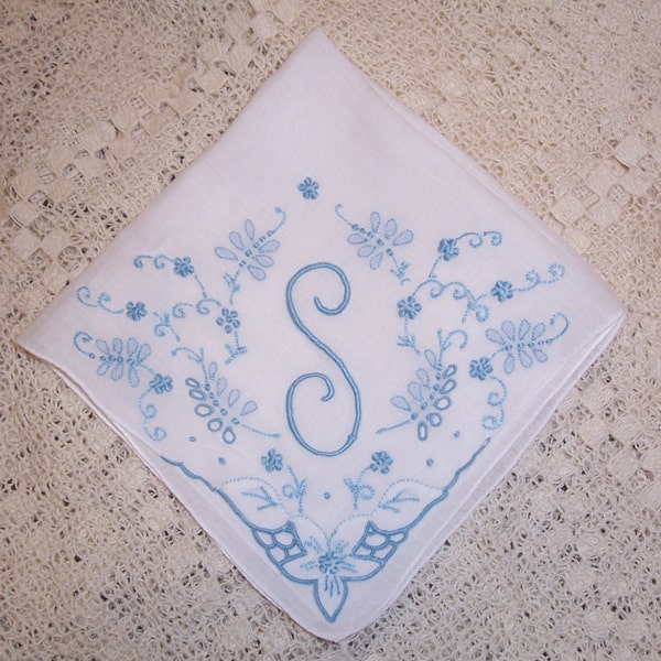 Vintage White Hanky with a Blue Initial S - Handkerchief Hankie