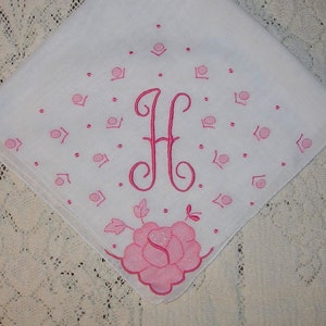 Vintage Hanky with a Pink initial H Hankie Handkerchief with Hand Embroidery image 1