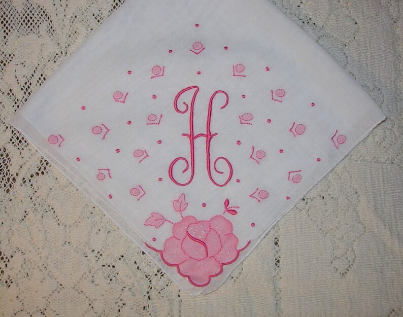 Vintage Hanky with a Pink initial H Hankie Handkerchief with Hand Embroidery image 1
