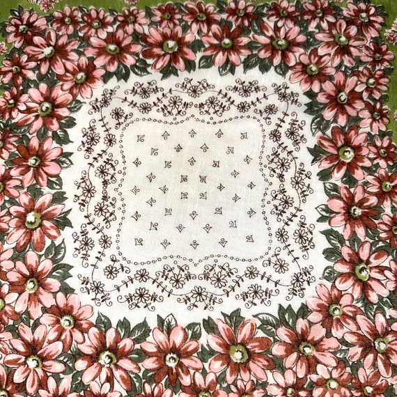 Vintage Handkerchief White Pink and Green with Pi… - image 2