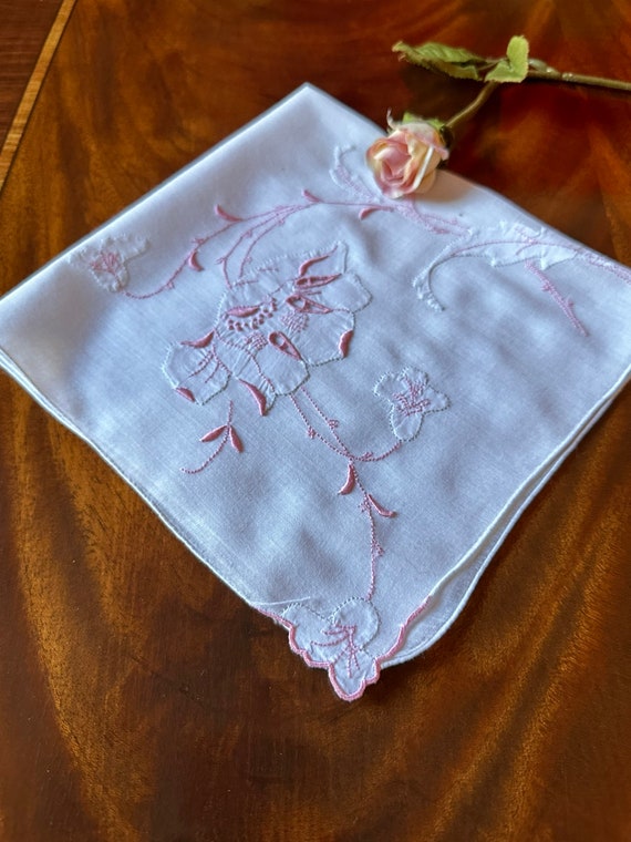 Vintage White Handkerchief with Pink and White Emb