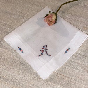 Vintage White Hanky with an A Embroidered in One Corner -  Hankie Handkerchief