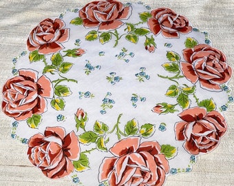 Vintage Round White Hanky with Peachy and Orange Flowers - Hankie Handkerchief