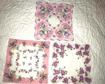 Vintage Lot of 3 Slightly Flawed  Handkerchiefs Hankies for Crafting or Personal Use