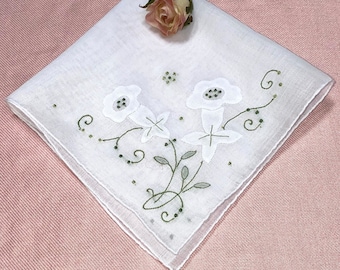 Vintage White Handkerchief with Green Embroidery  Bridal Hanky - Hankie Handkerchief