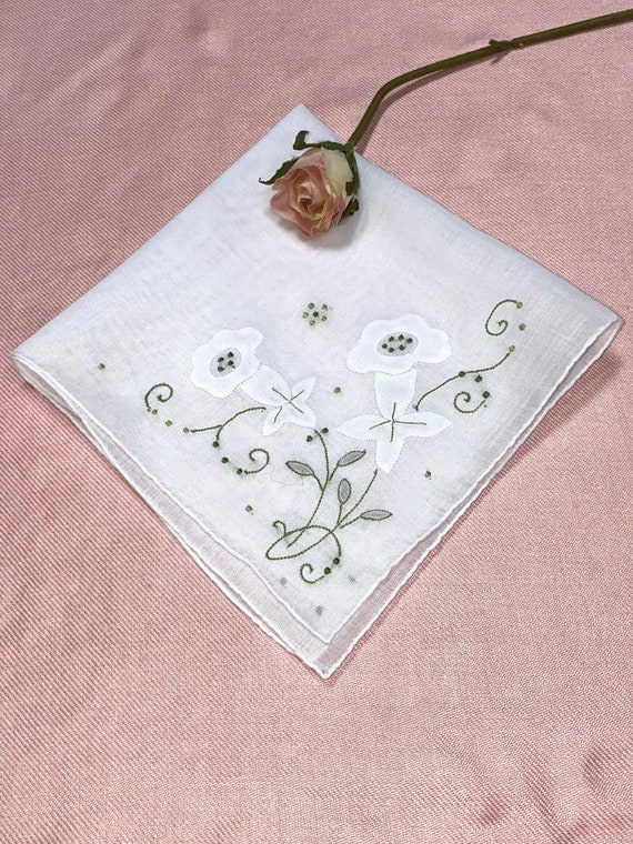 Vintage White Handkerchief with Green Embroidery  