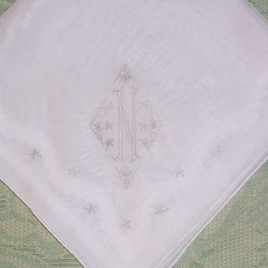 Vintage White Hanky with a White Initial N Hankie Handkerchief