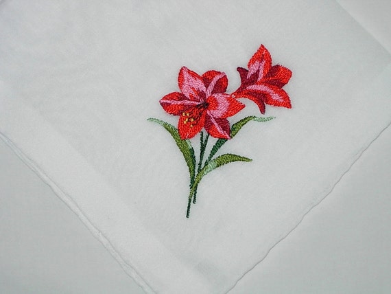Vintage White Hanky with Embroidered Red Roses - … - image 3