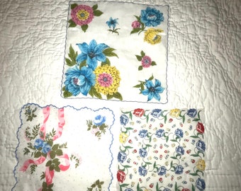 Vintage Lot of 3 Blue Handkerchiefs with Slight Flaws Hankies for Crafting or Personal Use