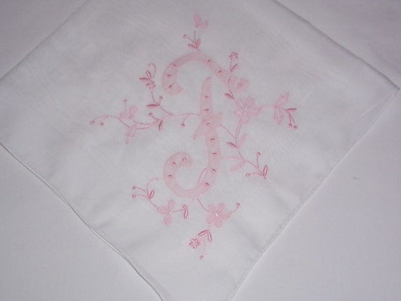 Vintage White Hanky with a Pink  Initial F - Hand… - image 1