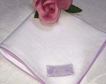 Vintage Hanky with Lillian Embroidered in Lavender - Hankie Handkerchief