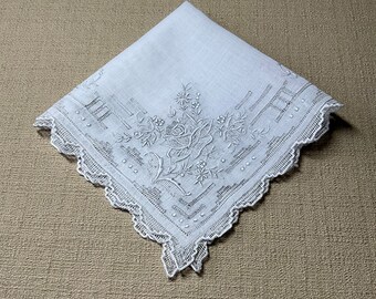 Vintage White Hanky with Lots of Hand Embroidery - Hankie Handkerchief