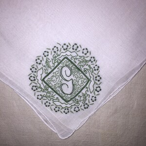 Vintage White Hanky with a Green Initial G - Hankie Handkerchief