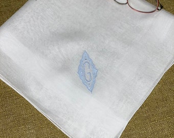 Vintage Blue Initial G Handkerchief for a Gentleman Hankie Handkerchief