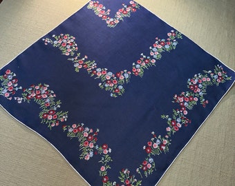 Vintage Dark Blue Handkerchief  with Red Flowers - Hankie Handkerchief
