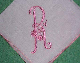 Vintage White Hanky with a Pink Initial R  - Hankie Handkerchief